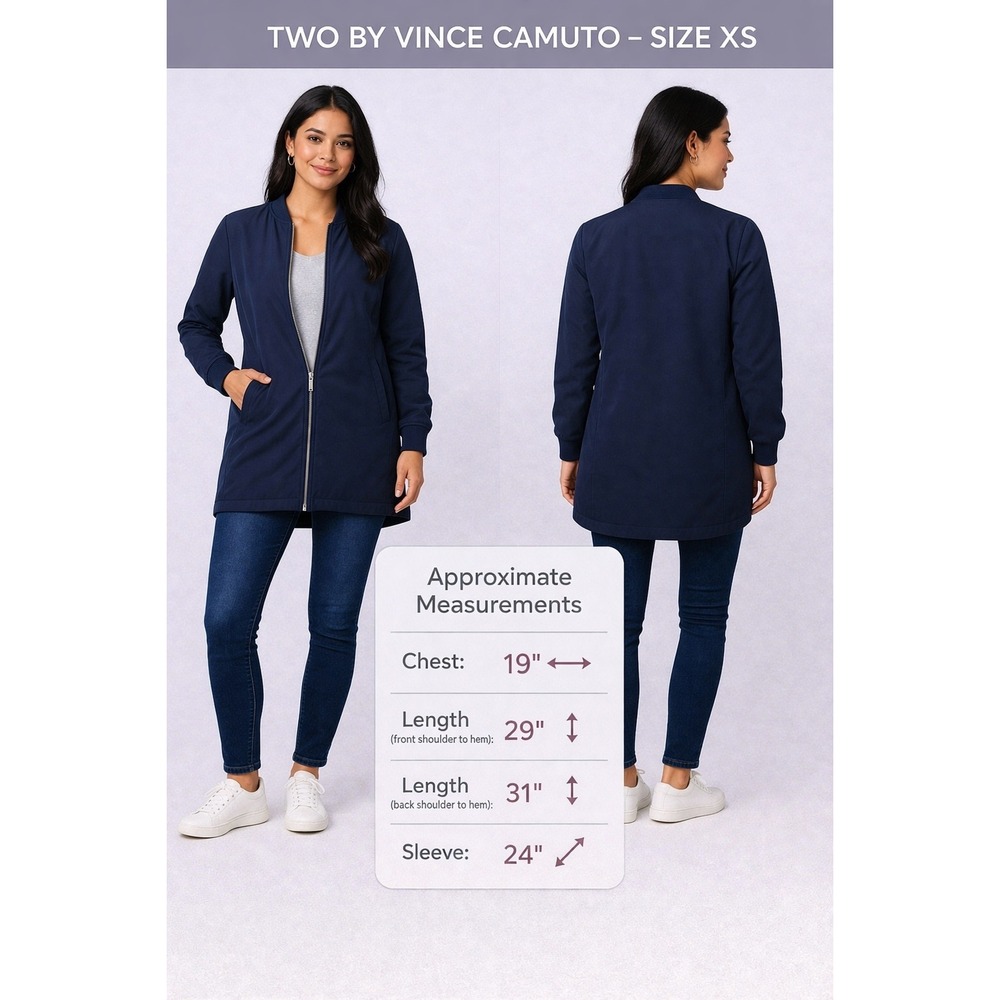 Two by Vince Camuto Navy Blue Longline Bomber Jacket Size XS Zip Front Pocket